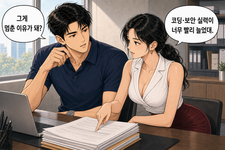 강태윤과 한서윤이 함께 등장하는 웹툰 2컷. 한서윤: 코딩·보안 실력이 너무 빨리 늘었대. 강태윤: 그게 멈춘 이유가 돼?