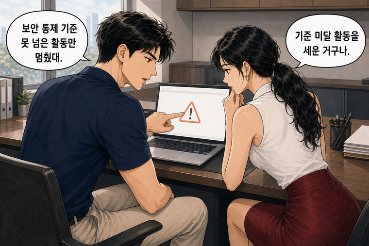강태윤과 한서윤이 함께 등장하는 웹툰 3컷. 강태윤: 보안 통제 기준 못 넘은 활동만 멈췄대. 한서윤: 기준 미달 활동을 세운 거구나.