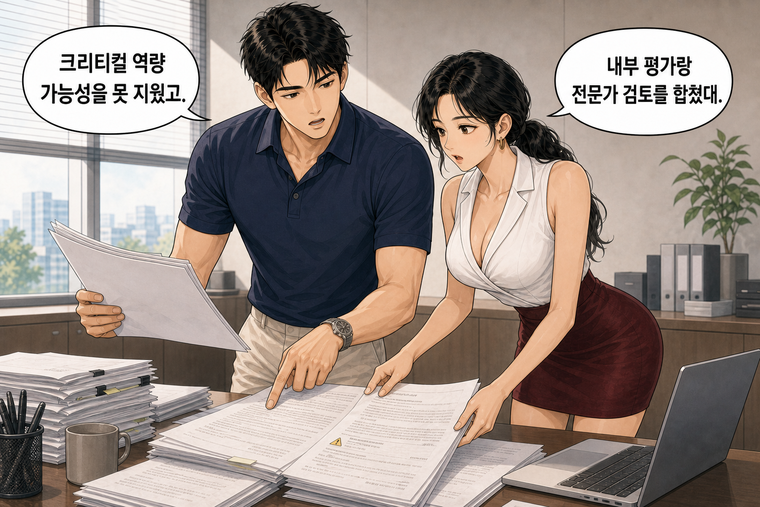 강태윤과 한서윤이 함께 등장하는 웹툰 4컷. 한서윤: 내부 평가랑 전문가 검토를 합쳤대. 강태윤: 크리티컬 역량 가능성을 못 지웠고.
