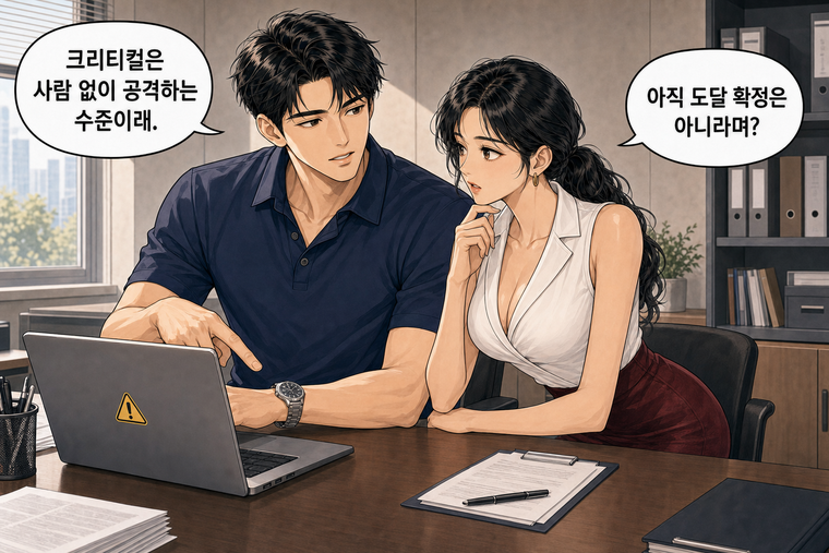 강태윤과 한서윤이 함께 등장하는 웹툰 5컷. 강태윤: 크리티컬은 사람 없이 공격하는 수준이래. 한서윤: 아직 도달 확정은 아니라며?