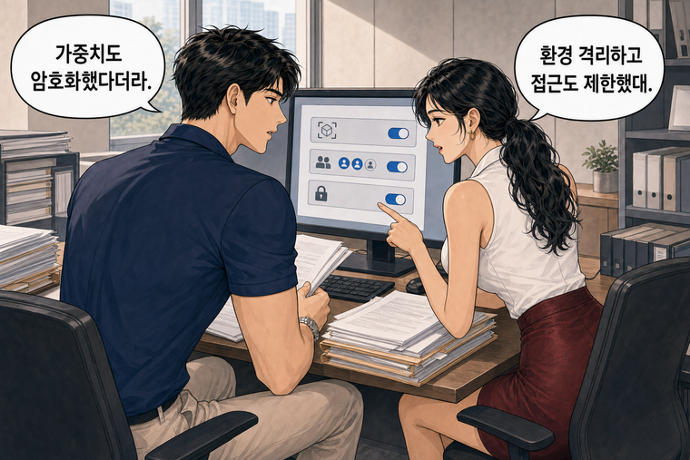 강태윤과 한서윤이 함께 등장하는 웹툰 6컷. 한서윤: 환경 격리하고 접근도 제한했대. 강태윤: 가중치도 암호화했다더라.