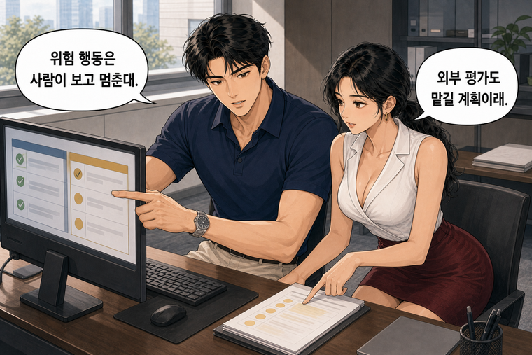 강태윤과 한서윤이 함께 등장하는 웹툰 7컷. 강태윤: 위험 행동은 사람이 보고 멈춘대. 한서윤: 외부 평가도 맡길 계획이래.