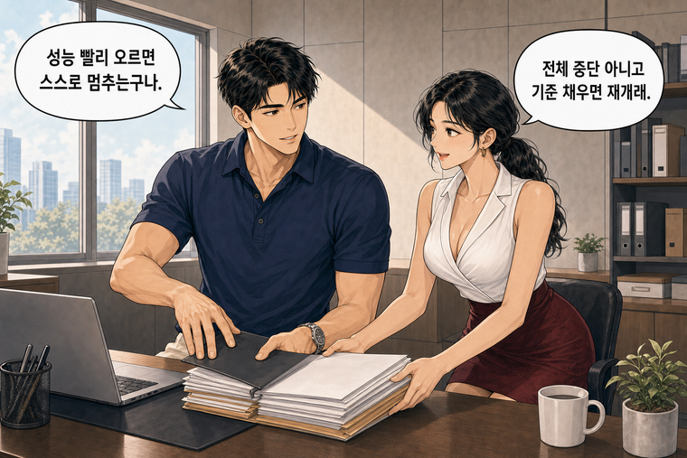 강태윤과 한서윤이 함께 등장하는 웹툰 8컷. 한서윤: 전체 중단 아니고 기준 채우면 재개래. 강태윤: 성능 빨리 오르면 스스로 멈추는구나.