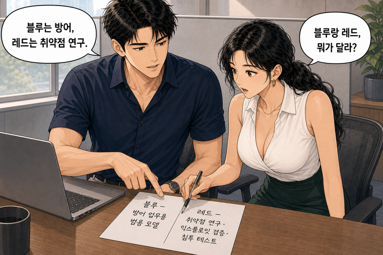 강태윤과 한서윤이 함께 등장하는 웹툰 2컷. 한서윤: 블루랑 레드, 뭐가 달라? 강태윤: 블루는 방어, 레드는 취약점 연구.