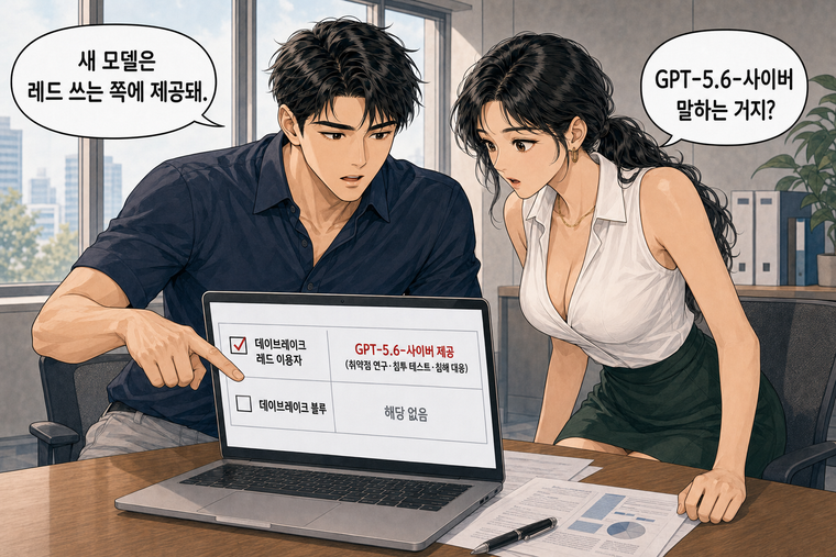 강태윤과 한서윤이 함께 등장하는 웹툰 3컷. 강태윤: 새 모델은 레드 쓰는 쪽에 제공돼. 한서윤: GPT-5.6-사이버 말하는 거지?