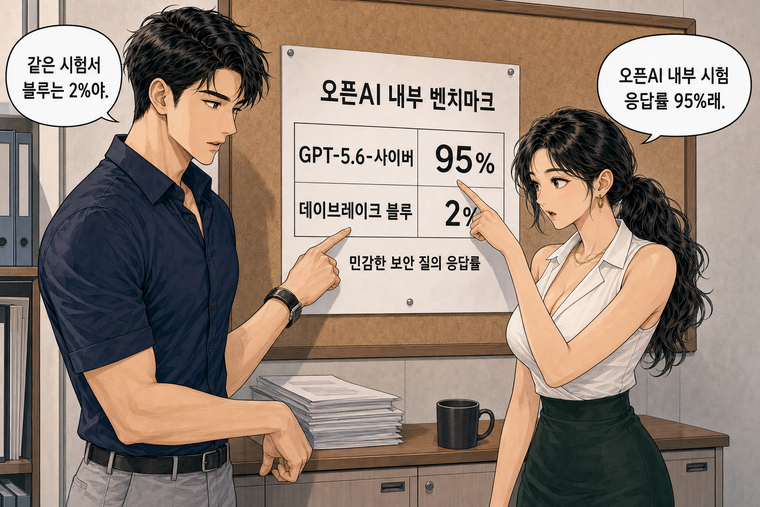 강태윤과 한서윤이 함께 등장하는 웹툰 4컷. 한서윤: 오픈AI 내부 시험 응답률 95%래. 강태윤: 같은 시험서 블루는 2%야.