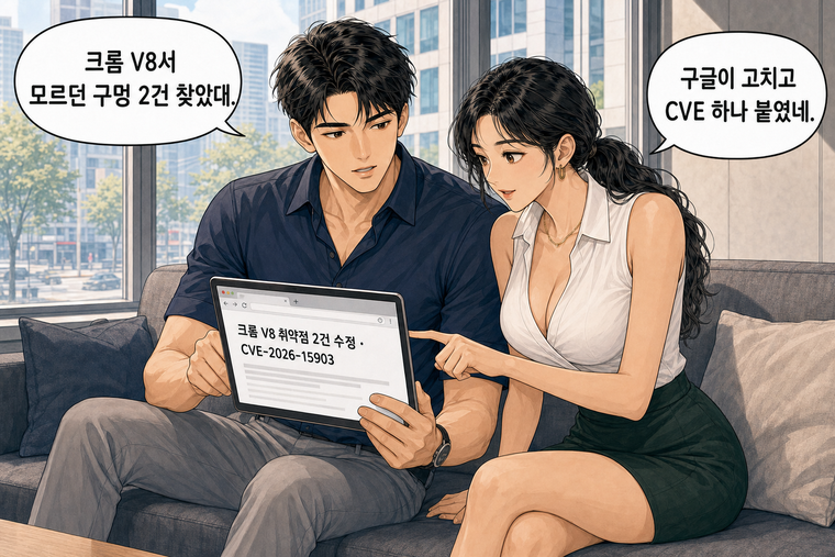 강태윤과 한서윤이 함께 등장하는 웹툰 5컷. 강태윤: 크롬 V8서 모르던 구멍 2건 찾았대. 한서윤: 구글이 고치고 CVE 하나 붙였네.