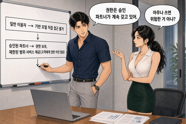 강태윤과 한서윤이 함께 등장하는 웹툰 6컷. 한서윤: 아무나 쓰면 위험한 거 아냐? 강태윤: 권한은 승인 파트너가 계속 갖고 있어.