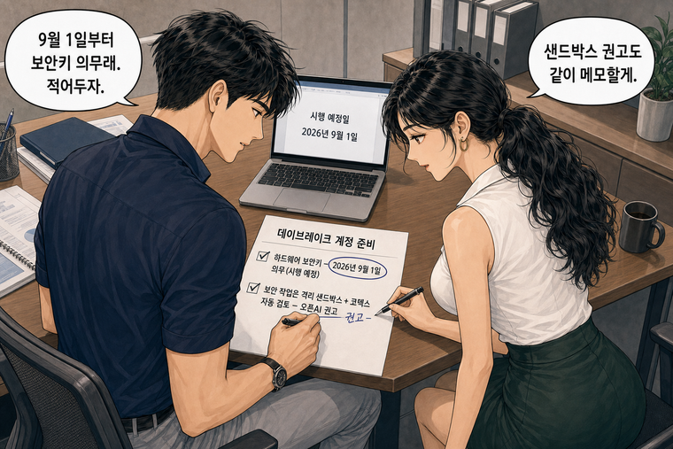 강태윤과 한서윤이 함께 등장하는 웹툰 7컷. 강태윤: 9월 1일부터 보안키 의무래. 적어두자. 한서윤: 샌드박스 권고도 같이 메모할게.