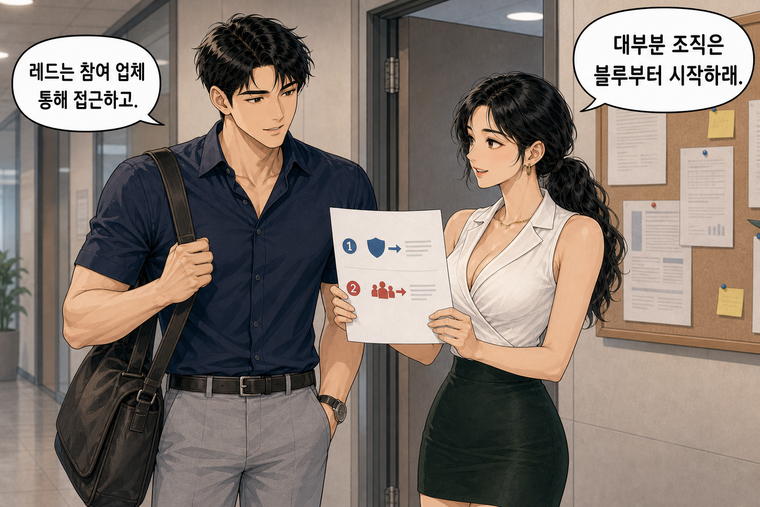 강태윤과 한서윤이 함께 등장하는 웹툰 8컷. 한서윤: 대부분 조직은 블루부터 시작하래. 강태윤: 레드는 참여 업체 통해 접근하고.