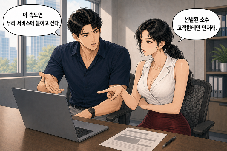 강태윤과 한서윤이 함께 등장하는 웹툰 2컷. 강태윤: 이 속도면 우리 서비스에 붙이고 싶다. 한서윤: 선별된 소수 고객한테만 먼저래.