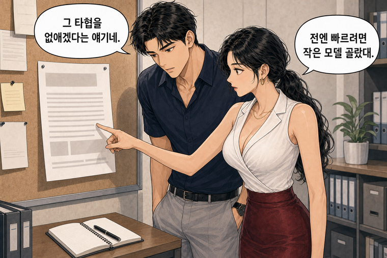 강태윤과 한서윤이 함께 등장하는 웹툰 3컷. 한서윤: 전엔 빠르려면 작은 모델 골랐대. 강태윤: 그 타협을 없애겠다는 얘기네.