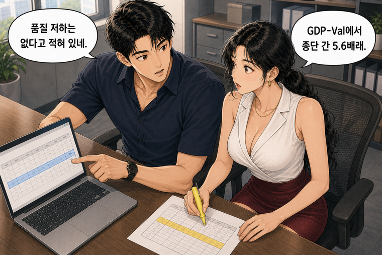강태윤과 한서윤이 함께 등장하는 웹툰 4컷. 한서윤: GDP-Val에서 종단 간 5.6배래. 강태윤: 품질 저하는 없다고 적혀 있네.
