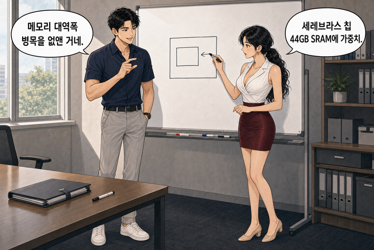강태윤과 한서윤이 함께 등장하는 웹툰 5컷. 한서윤: 세레브라스 칩 44GB SRAM에 가중치. 강태윤: 메모리 대역폭 병목을 없앤 거네.