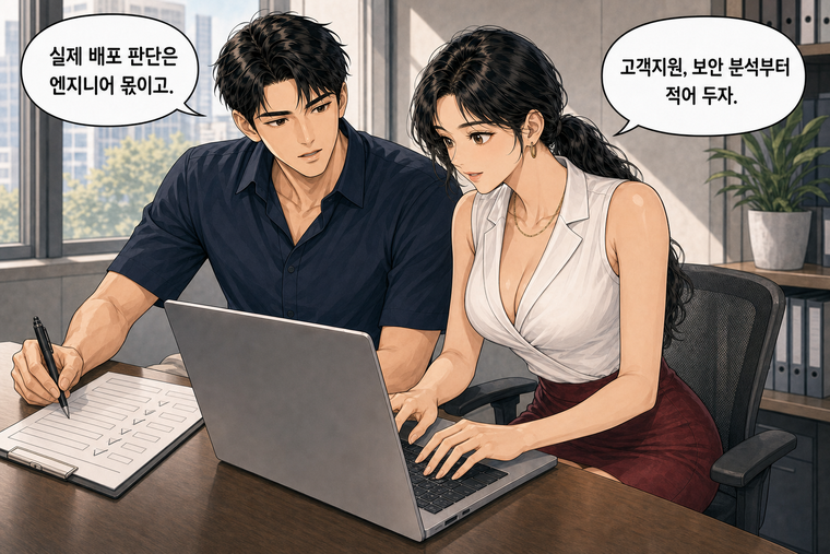 강태윤과 한서윤이 함께 등장하는 웹툰 7컷. 한서윤: 고객지원, 보안 분석부터 적어 두자. 강태윤: 실제 배포 판단은 엔지니어 몫이고.