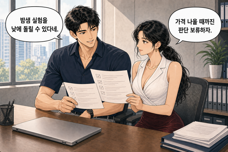 강태윤과 한서윤이 함께 등장하는 웹툰 8컷. 강태윤: 밤샘 실험을 낮에 돌릴 수 있다네. 한서윤: 가격 나올 때까진 판단 보류하자.