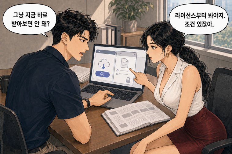 강태윤과 한서윤이 함께 등장하는 웹툰 2컷. 강태윤: 그냥 지금 바로 받아보면 안 돼? 한서윤: 라이선스부터 봐야지. 조건 있잖아.