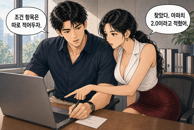 강태윤과 한서윤이 함께 등장하는 웹툰 3컷. 한서윤: 찾았다. 아파치 2.0이라고 적혔어. 강태윤: 조건 항목은 따로 적어두자.