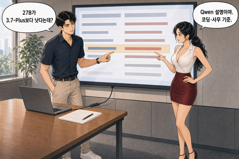 강태윤과 한서윤이 함께 등장하는 웹툰 4컷. 강태윤: 27B가 3.7-Plus보다 낫다는데? 한서윤: Qwen 설명이야. 코딩·사무 기준.