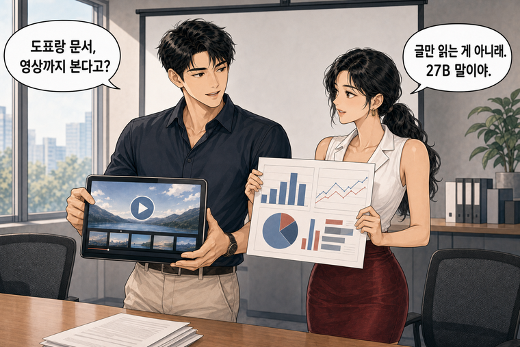 강태윤과 한서윤이 함께 등장하는 웹툰 5컷. 한서윤: 글만 읽는 게 아니래. 27B 말이야. 강태윤: 도표랑 문서, 영상까지 본다고?