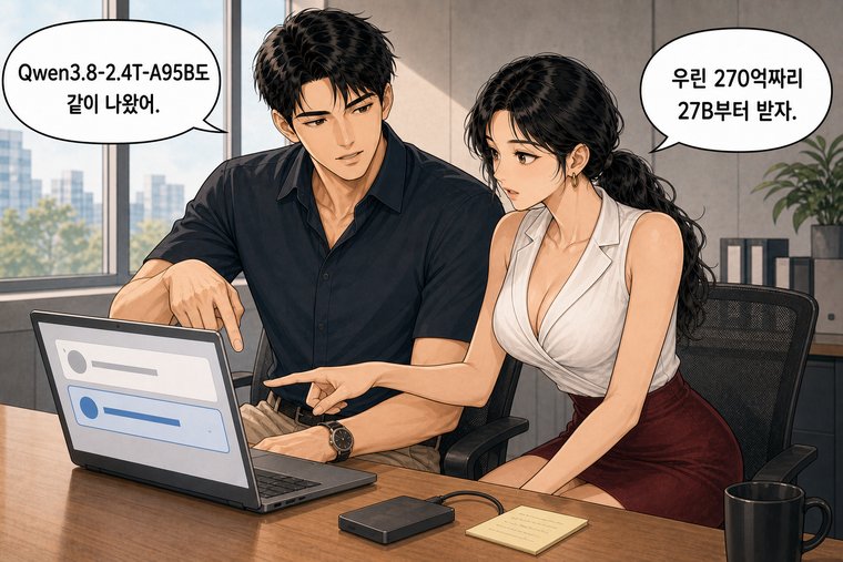 강태윤과 한서윤이 함께 등장하는 웹툰 6컷. 강태윤: Qwen3.8-2.4T-A95B도 같이 나왔어. 한서윤: 우린 270억짜리 27B부터 받자.