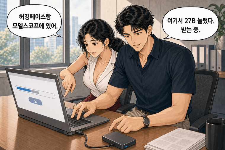 강태윤과 한서윤이 함께 등장하는 웹툰 7컷. 한서윤: 허깅페이스랑 모델스코프에 있어. 강태윤: 여기서 27B 눌렀다. 받는 중.