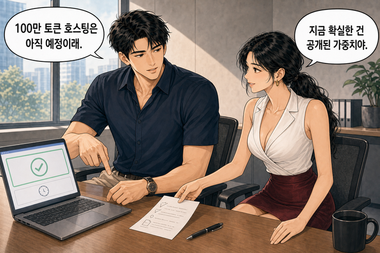 강태윤과 한서윤이 함께 등장하는 웹툰 8컷. 강태윤: 100만 토큰 호스팅은 아직 예정이래. 한서윤: 지금 확실한 건 공개된 가중치야.