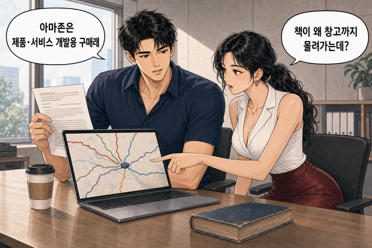 강태윤과 한서윤이 함께 등장하는 웹툰 2컷. 한서윤: 책이 왜 창고까지 몰려가는데? 강태윤: 아마존은 제품·서비스 개발용 구매래