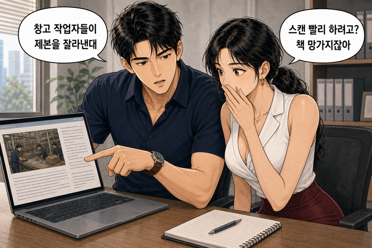 강태윤과 한서윤이 함께 등장하는 웹툰 3컷. 강태윤: 창고 작업자들이 제본을 잘라낸대 한서윤: 스캔 빨리 하려고? 책 망가지잖아