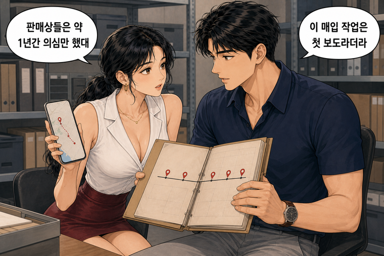 강태윤과 한서윤이 함께 등장하는 웹툰 4컷. 한서윤: 판매상들은 약 1년간 의심만 했대 강태윤: 이 매입 작업은 첫 보도라더라