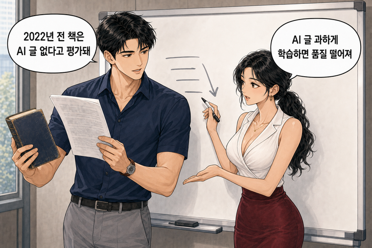 강태윤과 한서윤이 함께 등장하는 웹툰 5컷. 강태윤: 2022년 전 책은 AI 글 없다고 평가돼 한서윤: AI 글 과하게 학습하면 품질 떨어져