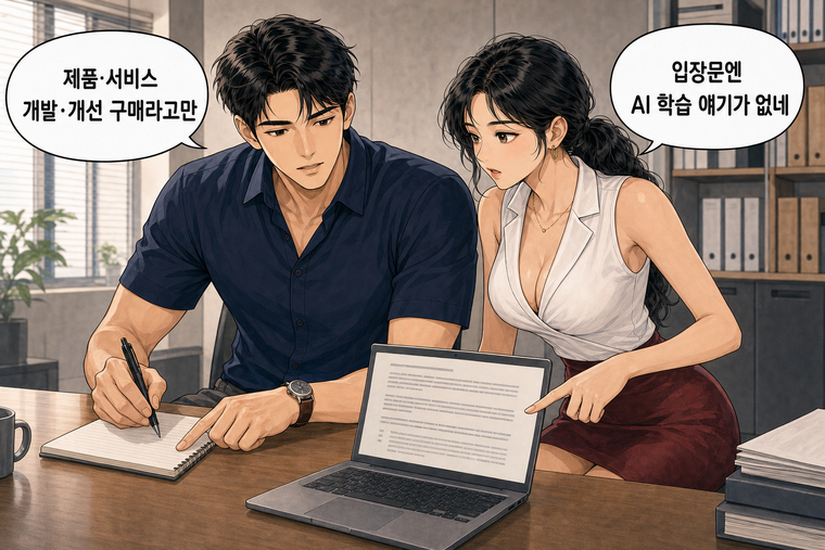 강태윤과 한서윤이 함께 등장하는 웹툰 6컷. 한서윤: 입장문엔 AI 학습 얘기가 없네 강태윤: 제품·서비스 개발·개선 구매라고만