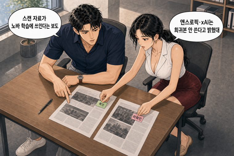 강태윤과 한서윤이 함께 등장하는 웹툰 7컷. 강태윤: 스캔 자료가 노바 학습에 쓰인다는 보도 한서윤: 앤스로픽·xAI는 희귀본 안 쓴다고 밝혔대