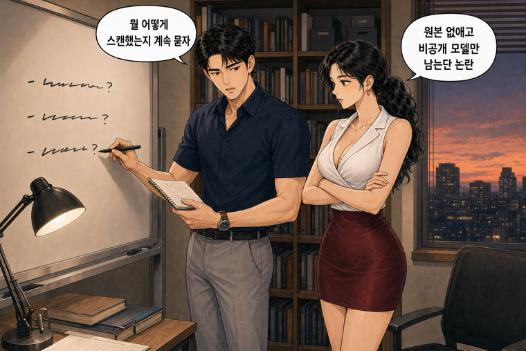 강태윤과 한서윤이 함께 등장하는 웹툰 8컷. 한서윤: 원본 없애고 비공개 모델만 남는단 논란 강태윤: 뭘 어떻게 스캔했는지 계속 묻자