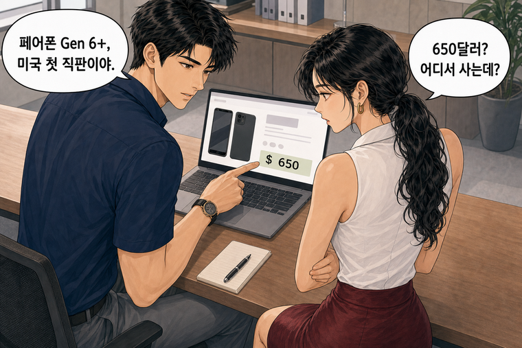 강태윤과 한서윤이 함께 등장하는 웹툰 2컷. 강태윤: 페어폰 Gen 6+, 미국 첫 직판이야. 한서윤: 650달러? 어디서 사는데?