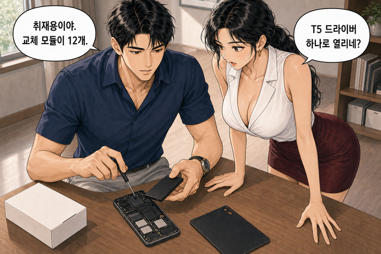 강태윤과 한서윤이 함께 등장하는 웹툰 3컷. 강태윤: 취재용이야. 교체 모듈이 12개. 한서윤: T5 드라이버 하나로 열리네?