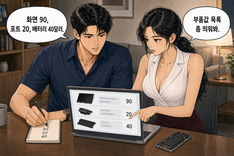 강태윤과 한서윤이 함께 등장하는 웹툰 4컷. 한서윤: 부품값 목록 좀 띄워봐. 강태윤: 화면 90, 포트 20, 배터리 40달러.