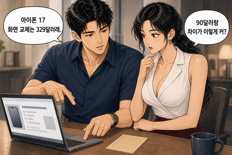 강태윤과 한서윤이 함께 등장하는 웹툰 5컷. 강태윤: 아이폰 17 화면 교체는 329달러래. 한서윤: 90달러랑 차이가 이렇게 커?