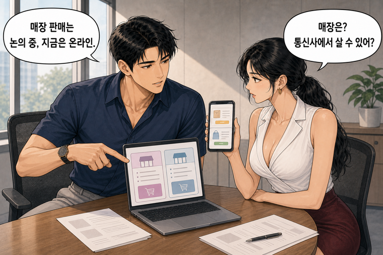강태윤과 한서윤이 함께 등장하는 웹툰 6컷. 한서윤: 매장은? 통신사에서 살 수 있어? 강태윤: 매장 판매는 논의 중, 지금은 온라인.