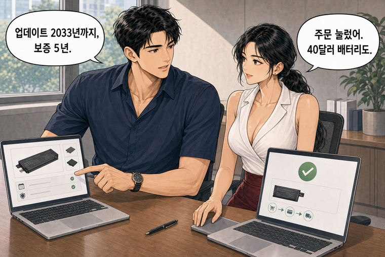 강태윤과 한서윤이 함께 등장하는 웹툰 7컷. 한서윤: 주문 눌렀어. 40달러 배터리도. 강태윤: 업데이트 2033년까지, 보증 5년.