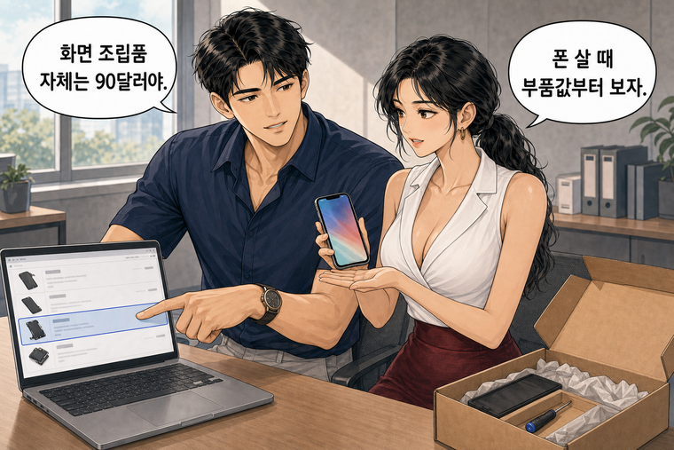 강태윤과 한서윤이 함께 등장하는 웹툰 8컷. 강태윤: 화면 조립품 자체는 90달러야. 한서윤: 폰 살 때 부품값부터 보자.