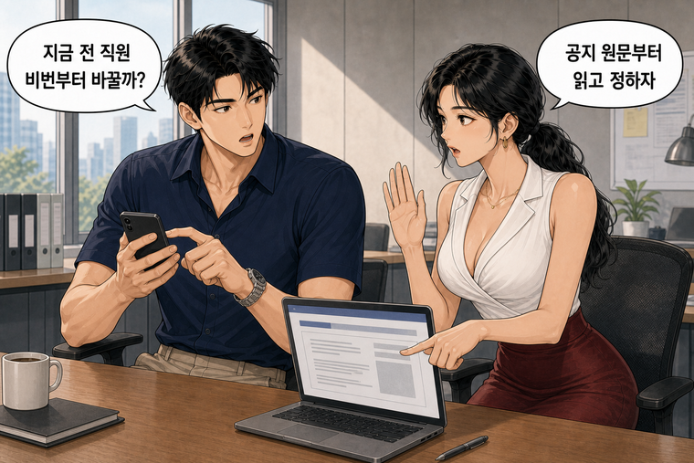 강태윤과 한서윤이 함께 등장하는 웹툰 2컷. 강태윤: 지금 전 직원 비번부터 바꿀까? 한서윤: 공지 원문부터 읽고 정하자