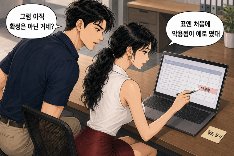 강태윤과 한서윤이 함께 등장하는 웹툰 3컷. 한서윤: 표엔 처음에 악용됨이 예로 떴대 강태윤: 그럼 아직 확정은 아닌 거네?