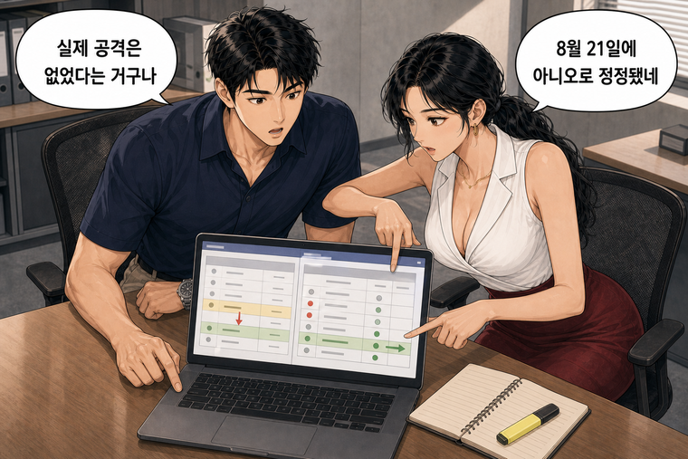 강태윤과 한서윤이 함께 등장하는 웹툰 4컷. 한서윤: 8월 21일에 아니오로 정정됐네 강태윤: 실제 공격은 없었다는 거구나