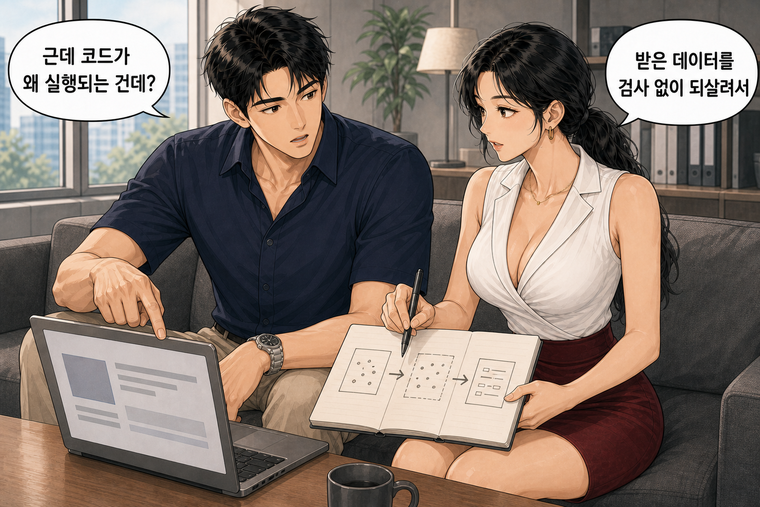 강태윤과 한서윤이 함께 등장하는 웹툰 5컷. 강태윤: 근데 코드가 왜 실행되는 건데? 한서윤: 받은 데이터를 검사 없이 되살려서