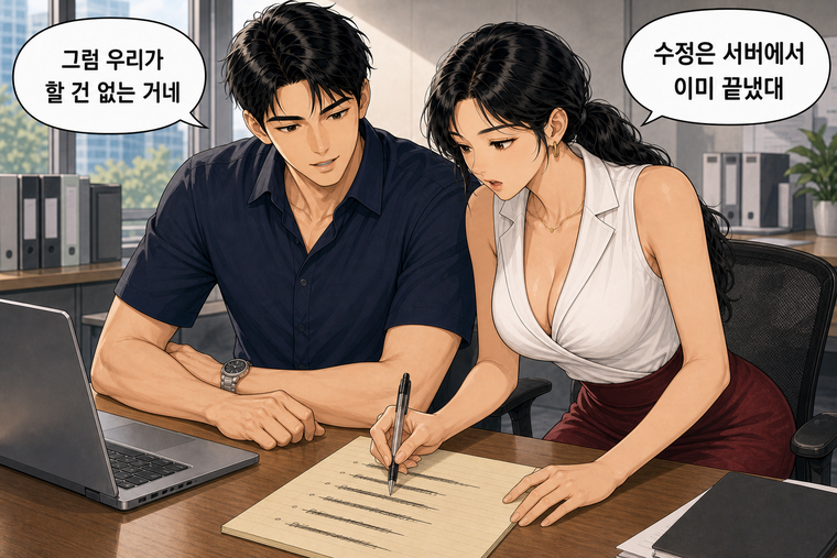 강태윤과 한서윤이 함께 등장하는 웹툰 6컷. 한서윤: 수정은 서버에서 이미 끝냈대 강태윤: 그럼 우리가 할 건 없는 거네