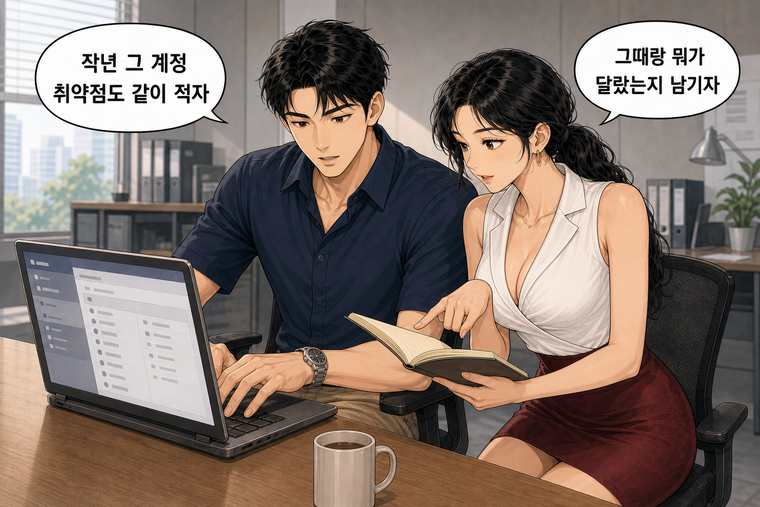 강태윤과 한서윤이 함께 등장하는 웹툰 7컷. 강태윤: 작년 그 계정 취약점도 같이 적자 한서윤: 그때랑 뭐가 달랐는지 남기자