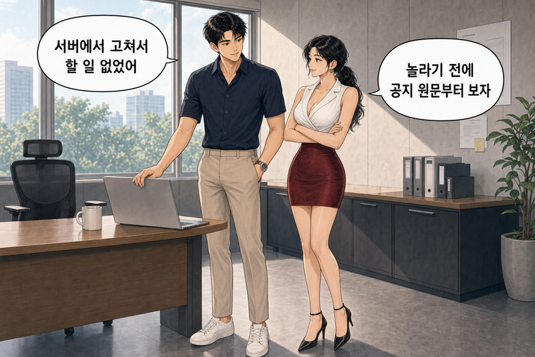 강태윤과 한서윤이 함께 등장하는 웹툰 8컷. 한서윤: 놀라기 전에 공지 원문부터 보자 강태윤: 서버에서 고쳐서 할 일 없었어