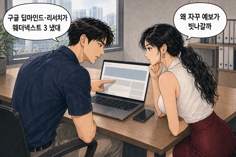 강태윤과 한서윤이 함께 등장하는 웹툰 2컷. 한서윤: 왜 자꾸 예보가 빗나갈까 강태윤: 구글 딥마인드·리서치가 웨더넥스트 3 냈대