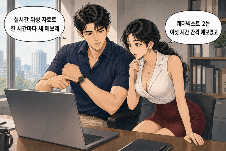 강태윤과 한서윤이 함께 등장하는 웹툰 3컷. 강태윤: 실시간 위성 자료로 한 시간마다 새 예보래 한서윤: 웨더넥스트 2는 여섯 시간 간격 예보였고